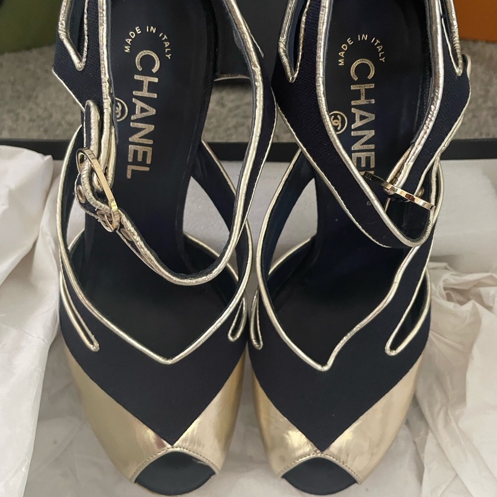 "Navy Canvas Chanel Pumps with Gold Heel - Authentic Luxury on Poshmark"
